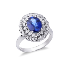 Halo ring white gold 18k with central heart cut blue sapphire and diamonds 