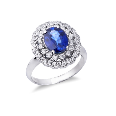 Halo ring white gold 18k with central heart cut blue sapphire and diamonds 