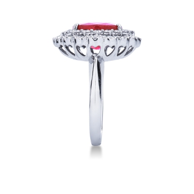 Double diamond halo ring with central ruby in white gold 18k