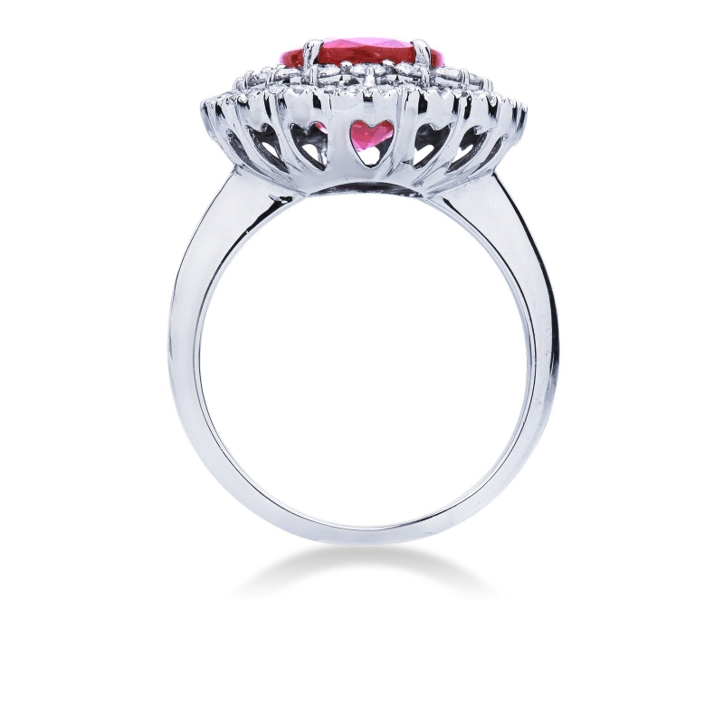Double diamond halo ring with central ruby in white gold 18k