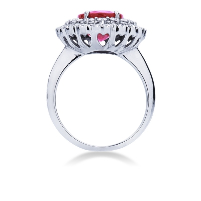 Double diamond halo ring with central ruby in white gold 18k