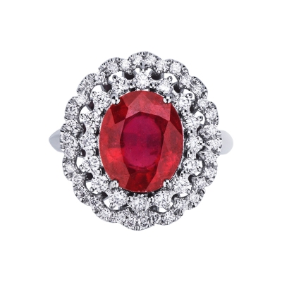 Double diamond halo ring with central ruby in white gold 18k