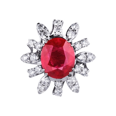 Halo ring in white gold 18k with diamonds and ruby 
