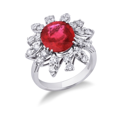 Halo ring in white gold 18k with diamonds and ruby 