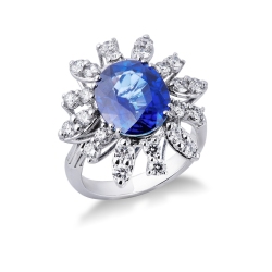 Halo ring white gold 18k with diamonds and blue sapphire