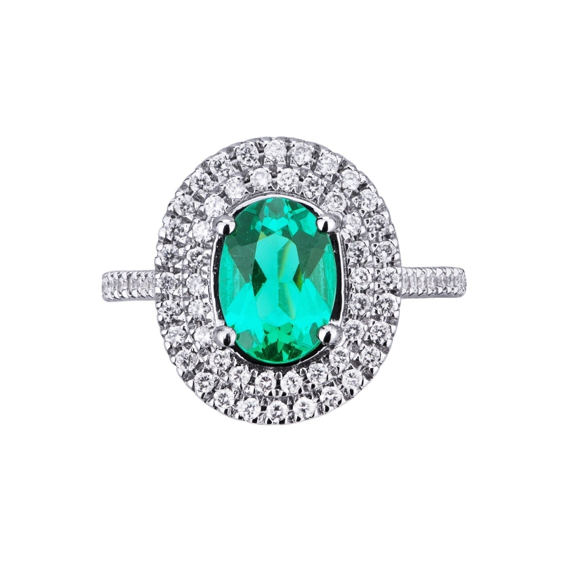 Halo ring with emerald and diamonds white gold 18k