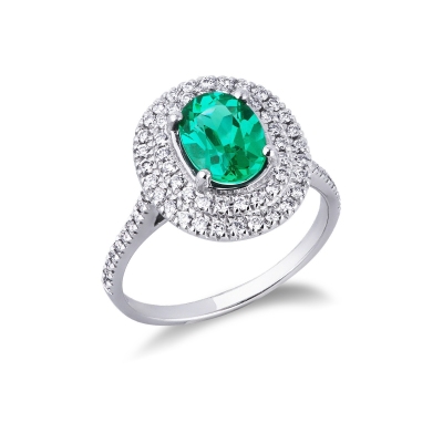 Halo ring with emerald and diamonds white gold 18k