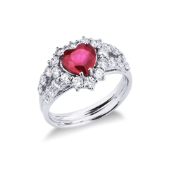 Halo ring 18k white gold with a ruby heart cut and diamonds brilliant cut 