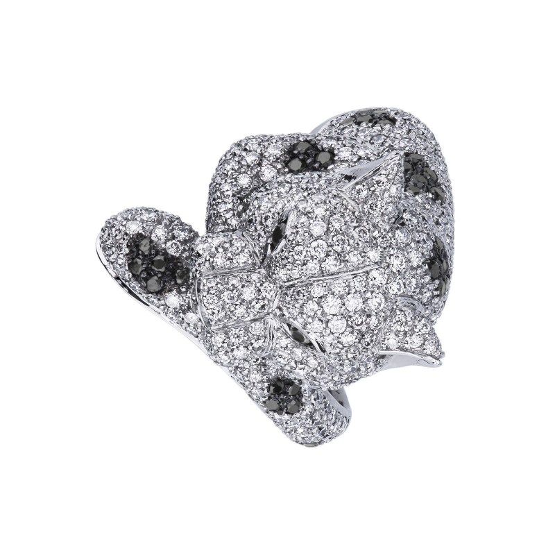 18k white gold pather ring with white and black diamonds 