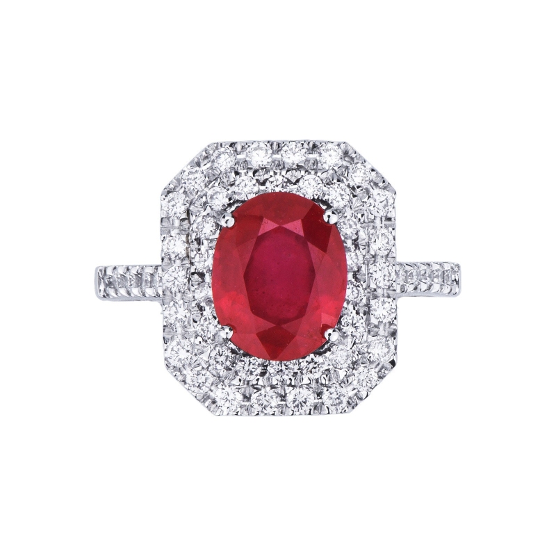 Halo ring with ruby and diamonds in white gold 18k 