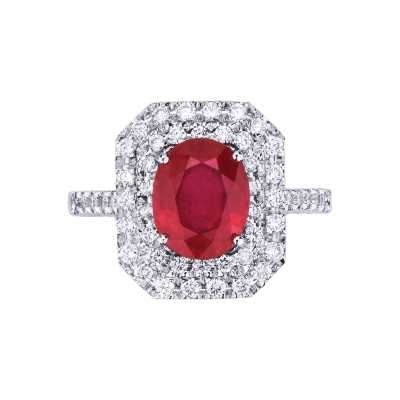 Halo ring with ruby and diamonds in white gold 18k 