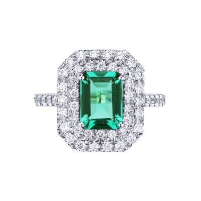 Halo ring white gold 18k with emerald and diamonds 