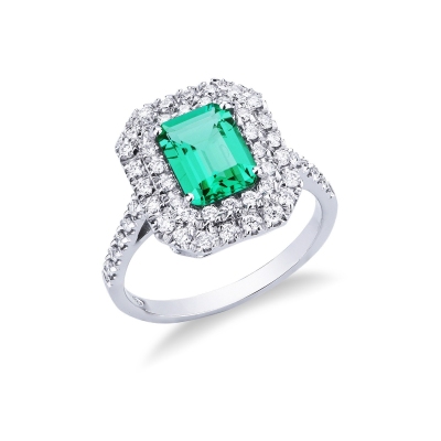 Halo ring white gold 18k with emerald and diamonds 