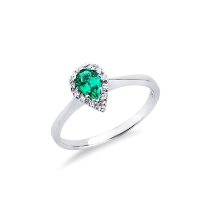 Halo ring with diamonds and emerald pear cut in white gold 18k