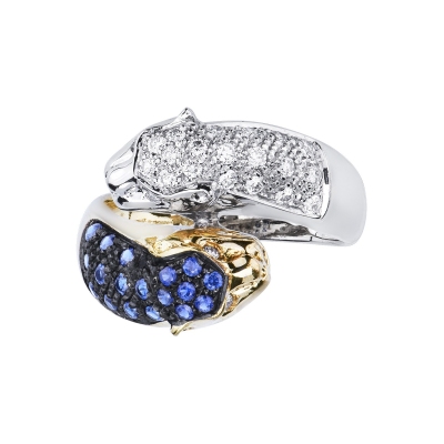 White and yellow gold 18k ring with panther of diamonds and blue sapphires 