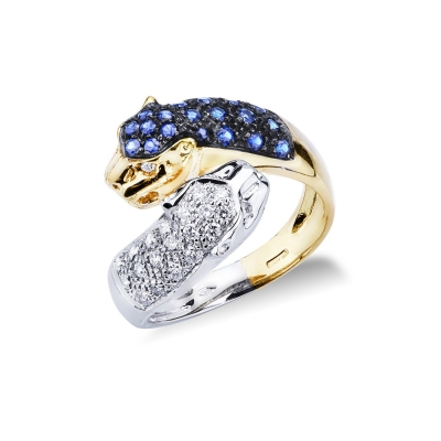 White and yellow gold 18k ring with panther of diamonds and blue sapphires 