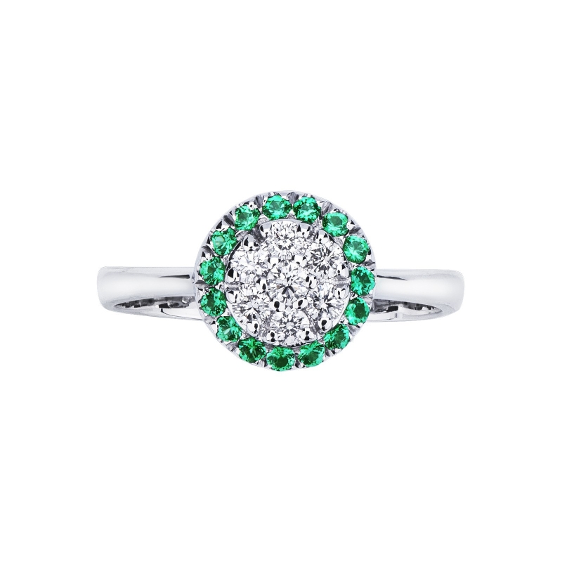 White gold 18k ring with diamonds and halo emeralds 