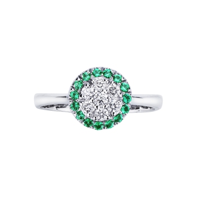White gold 18k ring with diamonds and halo emeralds 