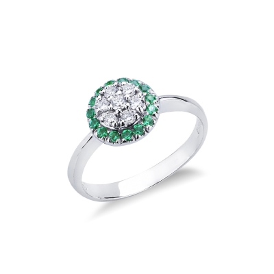 White gold 18k ring with diamonds and halo emeralds 