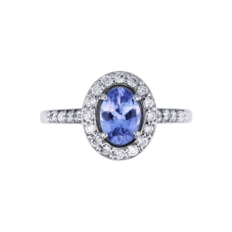 White gold 18k ring with an oval cut tanzanite and diamonds halo