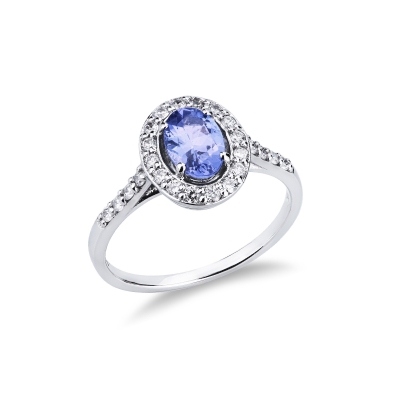 White gold 18k ring with an oval cut tanzanite and diamonds halo
