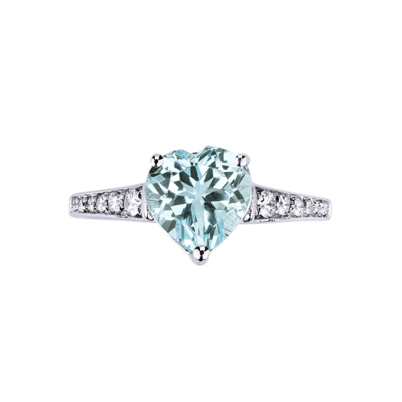 White gold 18k ring with an aquamarine heart cut and diamonds shoulder set 