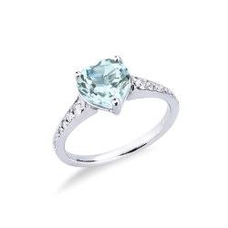 White gold 18k ring with an aquamarine heart cut and diamonds shoulder set 