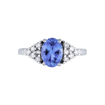 White gold 18k ring with tanzanite and six diamonds