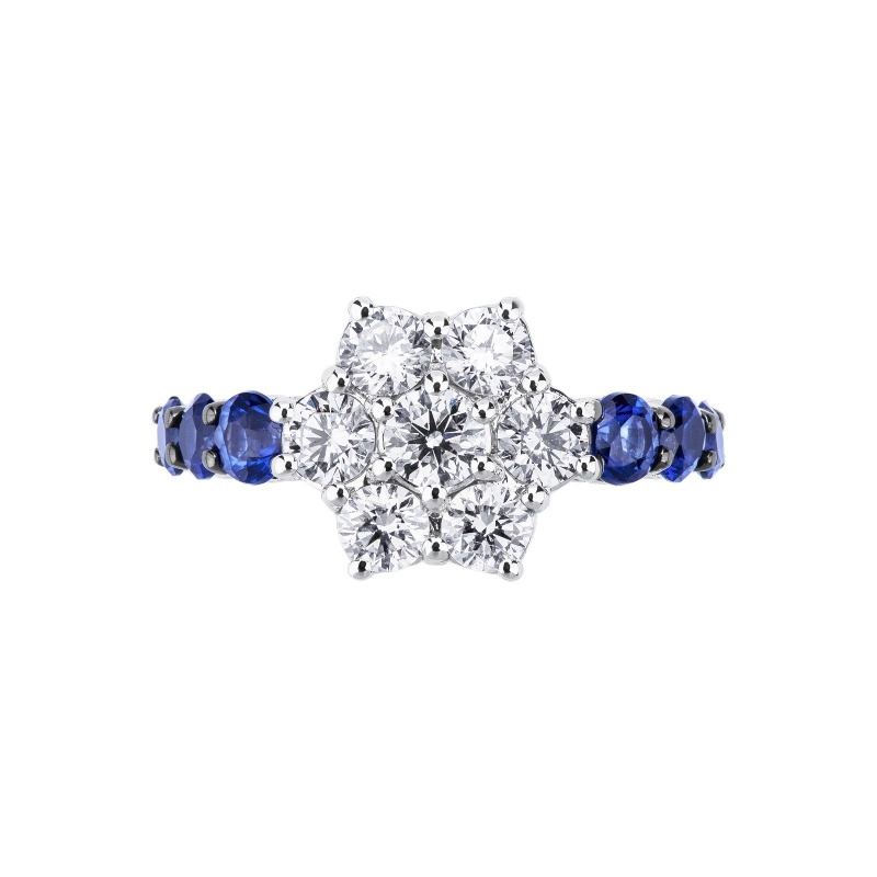 18k white gold ring with diamonds and blue sapphires and burnished tips 