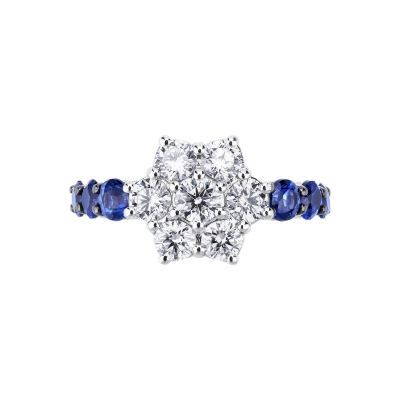 18k white gold ring with diamonds and blue sapphires and burnished tips 