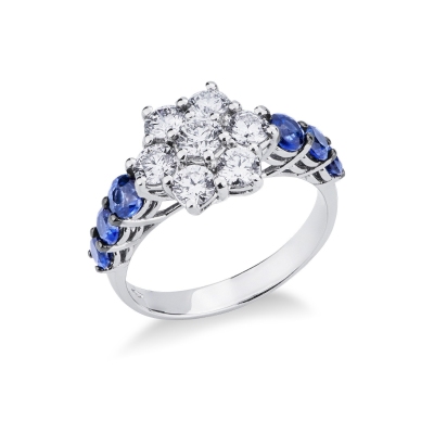 18k white gold ring with diamonds and blue sapphires and burnished tips 