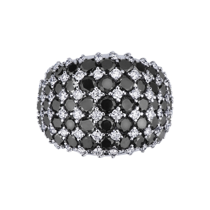 White gold 18k band ring with pavé of white and black diamonds 