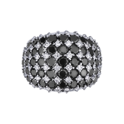 White gold 18k band ring with pavé of white and black diamonds 