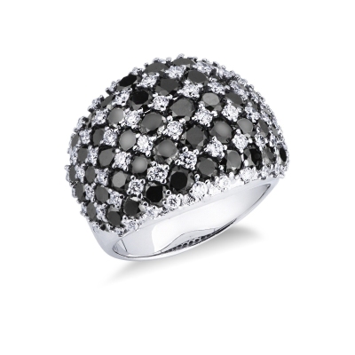 White gold 18k band ring with pavé of white and black diamonds 