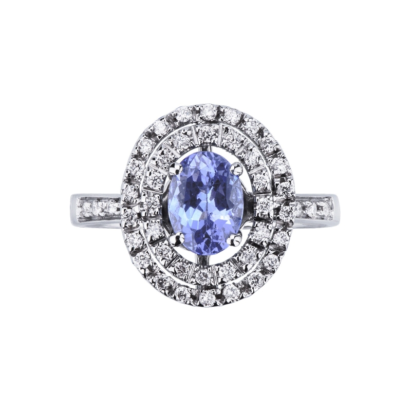 White gold 18k double halo ring with diamonds and tanzanite