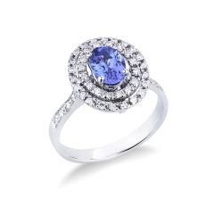 White gold 18k double halo ring with diamonds and tanzanite