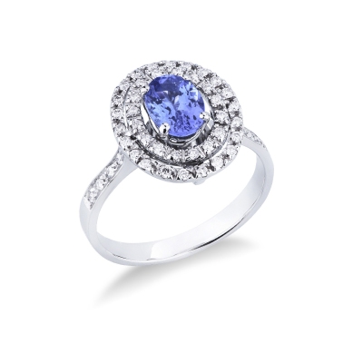 White gold 18k double halo ring with diamonds and tanzanite