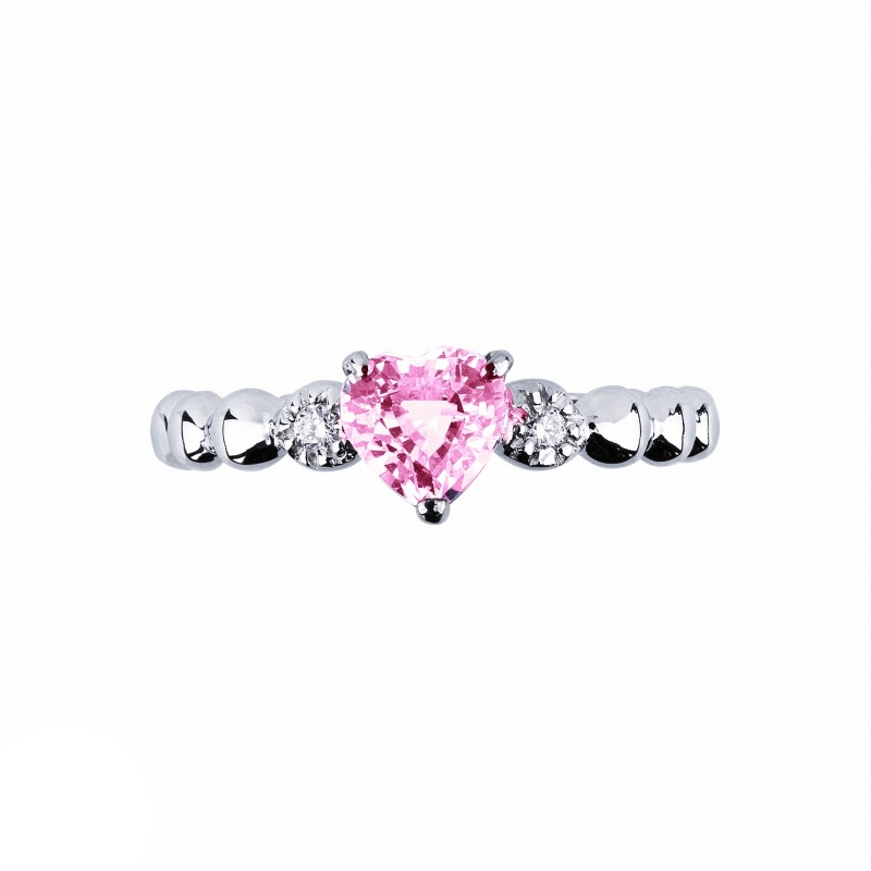 White gold 18k ring with a pink sapphire heart cut and diamonds 