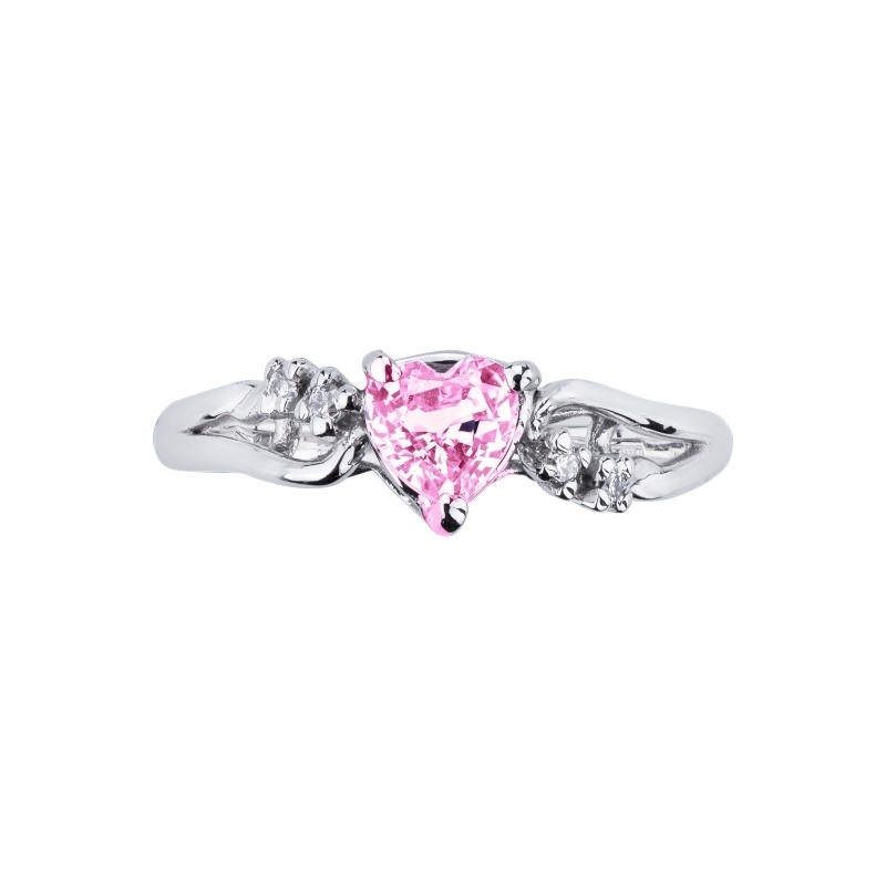 White gold 18k ring with a pink sapphire heart cut and two diamonds 