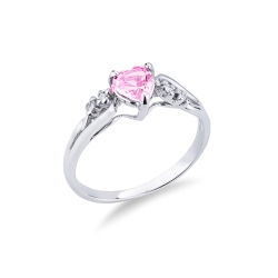 White gold 18k ring with a pink sapphire heart cut and two diamonds 