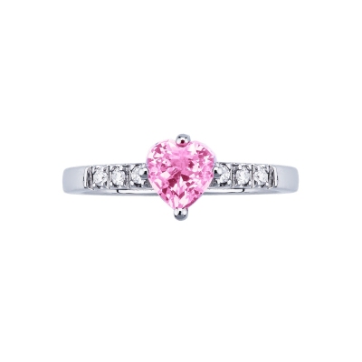 White gold 18k ring with pink sapphire heart cut and diamonds shoulder set 