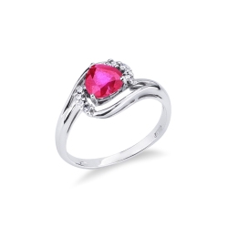 18k white gold ring with ruby heart cut and halo diamonds 