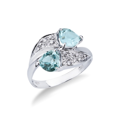 White gold 18k curved shank ring with diamonds and aquamarine
