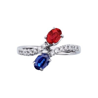 18k white gold curved shank ring with diamonds, blue sapphire and ruby 