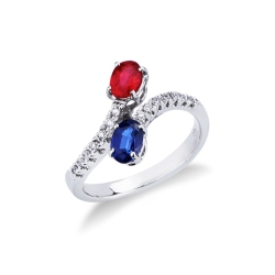 18k white gold curved shank ring with diamonds, blue sapphire and ruby 