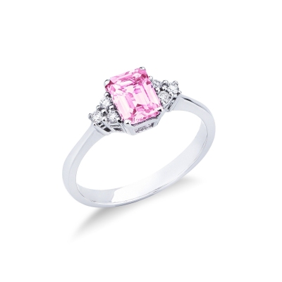 18k white gold ring with central pink sapphire and diamonds 