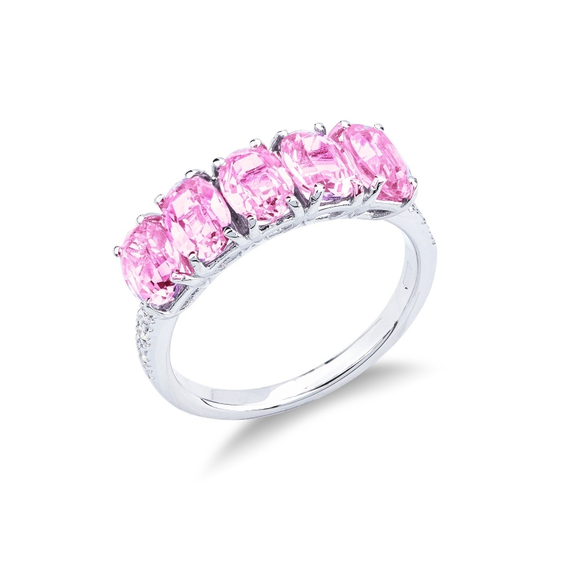 Anello in oro bianco 18k con diamanti e zaffiri rosa