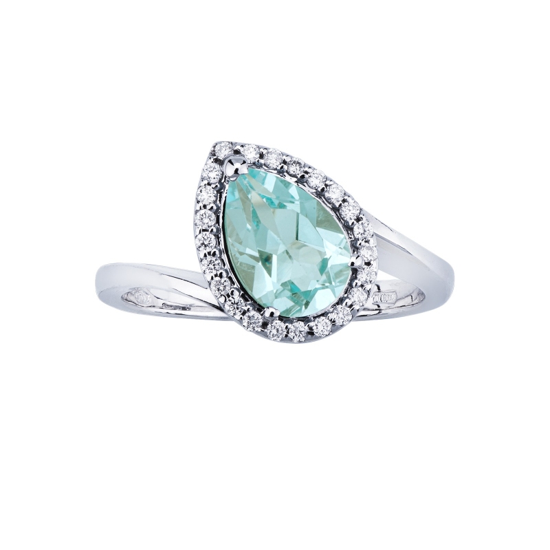 Anello contorno in oro bianco 18k con acquamarina taglio goccia e diamanti