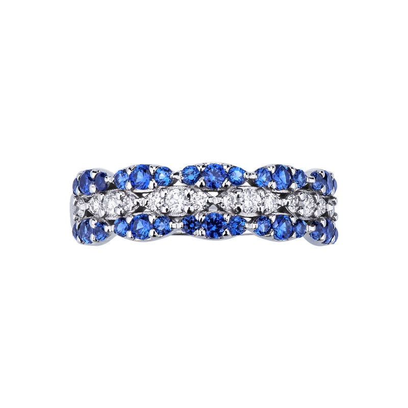 18k white gold with three rows of diamonds and blue sapphires 
