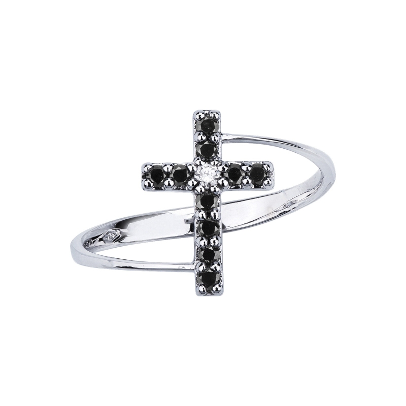 White gold 18k cross ring with black and white diamonds 